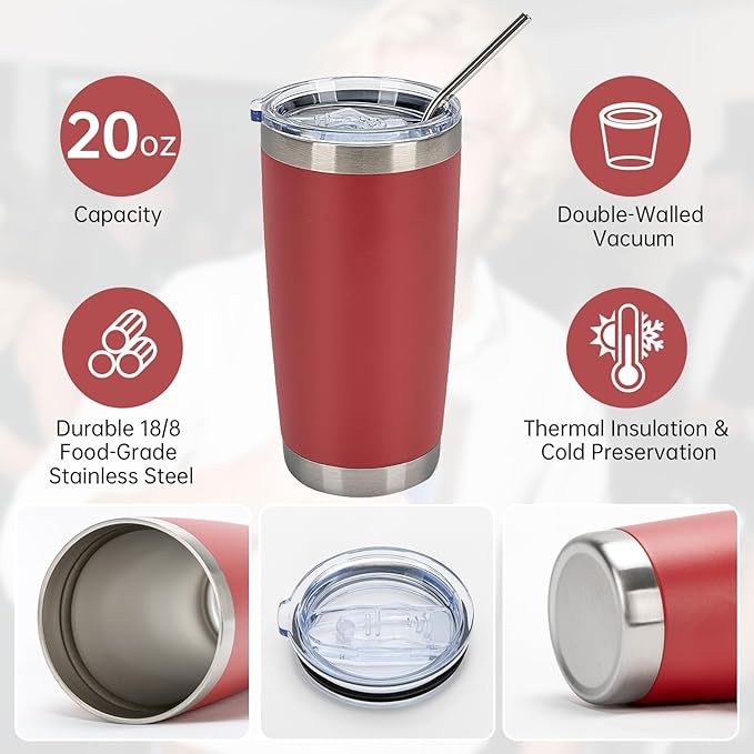 IEOVIEE 32 Pack 20oz Stainless Steel Bulk Tumblers with Lids and Straws Double Wall Insulated Travel Mug Durable Powder Coated Tumbler Bulk Cup for Cold and Hot Drinks(Red)