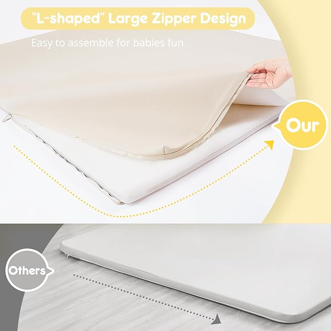 Padded Baby Play Mat, Super Soft Vegan Leather Floor Mat for Baby Girls and Boys, 48x48 Non-Slip Thick Foam Cushioned Play Mat for Babies 6-12 Months, Fits Nicely Into 50x50 Playpen Mat, Beige