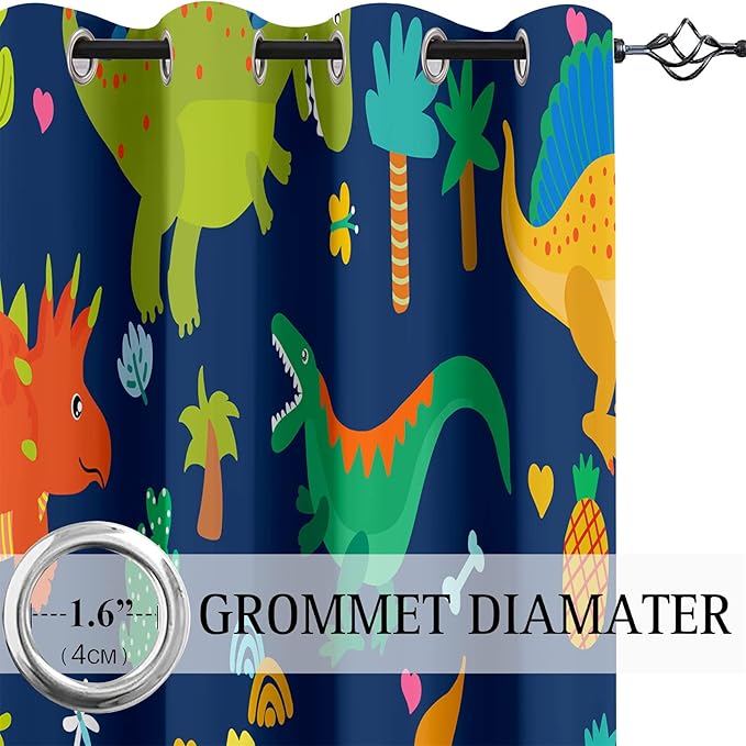 Dinosaur Blackout Curtains 2 Panels 63" Inch Drapes Boys Curtains for Bedroom Cute Dinosaur Themed Grommet Top Thermal Insulated Boys Room Curtains for Nursery, Navy Blue, 82" x 63"