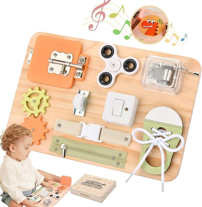 Montessori Toys for Tooddlers- Busy Board for 1 2 3 4 Years - Educational Fidget Toy for Baby - Wooden Sensory Toys for Autistic Children - Preschool Activities - Fine Motor Skills – Travel Toy