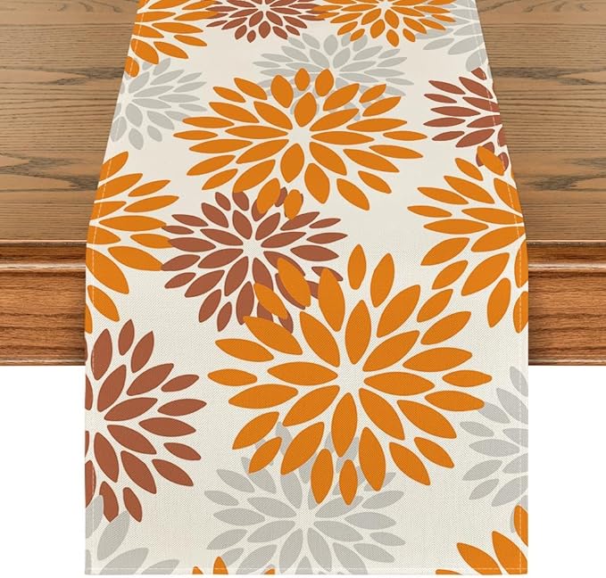 Artoid Mode Orange Dahlia Floral Pinnata Fall Table Runner, Seasonal Autumn by ArtoidMode