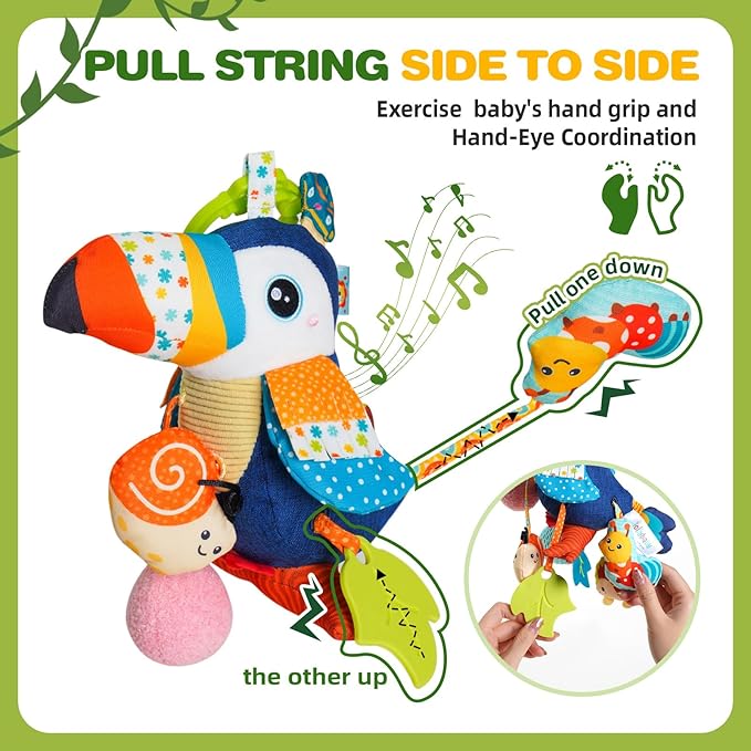 Jollybaby Musical Activity Pull String Hanging Toy for Baby Stroller Car Seat Crib Play Gym, Plush Stuffed Toucan Toy for Carseat with Music Teether Rattles, Sensory Toy for Baby Gift
