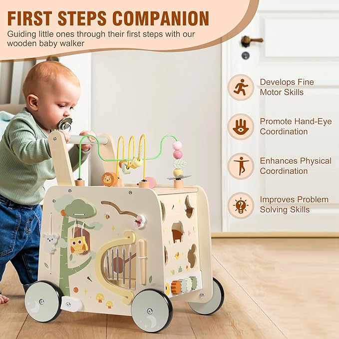 Wooden Activity Cube Push Walker, Wooden Baby Walker, Montessori Push Toys for Babies Learning to Walk & Sit-to-Stand
