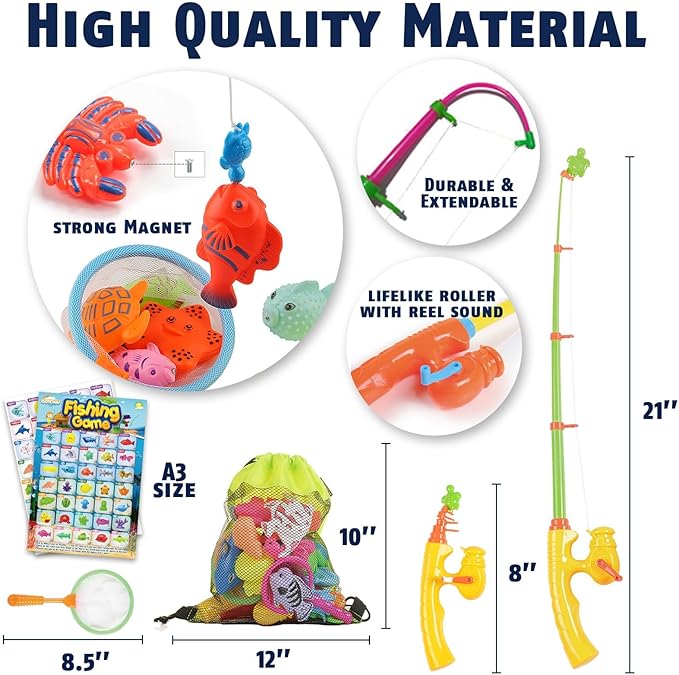 CozyBomB™ Magnetic Fishing Toys Game Set for Kids | Water Table Bathtub Kiddie Pool Party & Pole Rod Net, Plastic Floating Fish Toddler Color Ocean Sea Animals Birthday Age 3 4 5 6 Year
