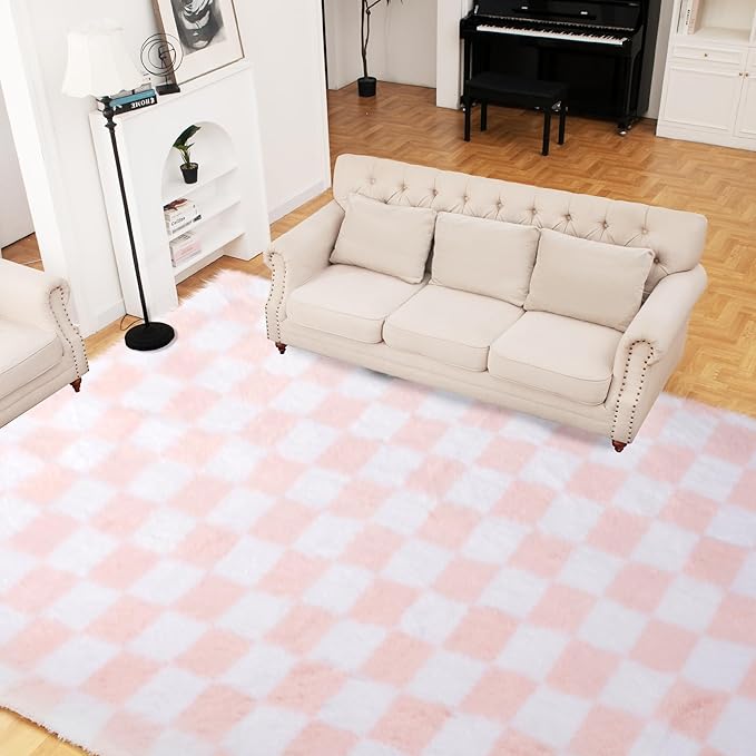 Super Soft Rug for Bedroom, 5x7 Ft Pink and White Area Rug Classic Checkered - Image 2