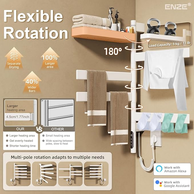 ENZE Smart Rotating Heated Towel Rack for Bathroom, Wall-Mounted Electric Towel Dryer with Swivel Bars & Shelf, Smart Timer, Low Carbon Steel, Plug-in/Hardwired, Towel Warmer with Wi-Fi App Control