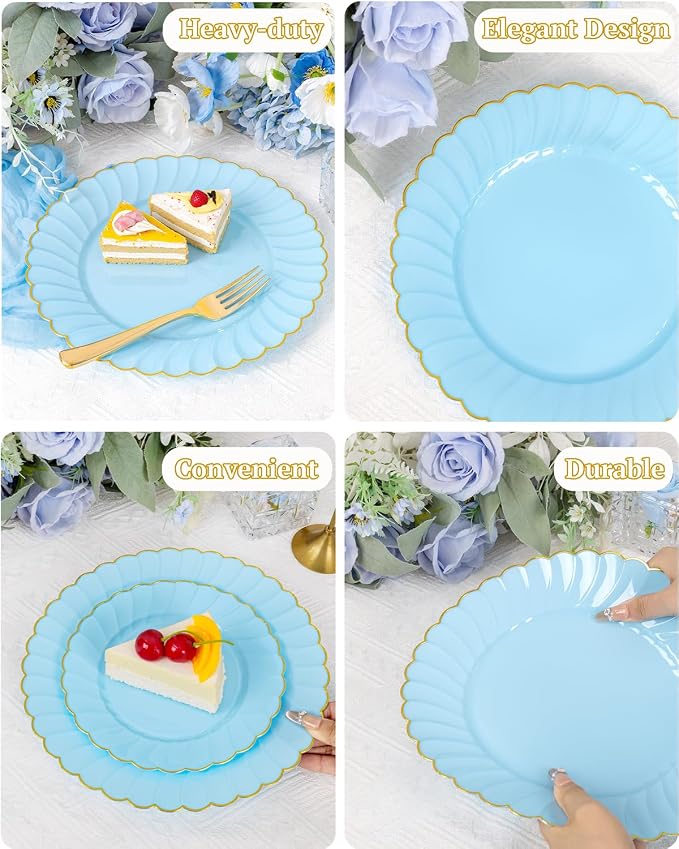 YOUBET 175PCS Light Blue Scalloped Plastic Plates - Image 7