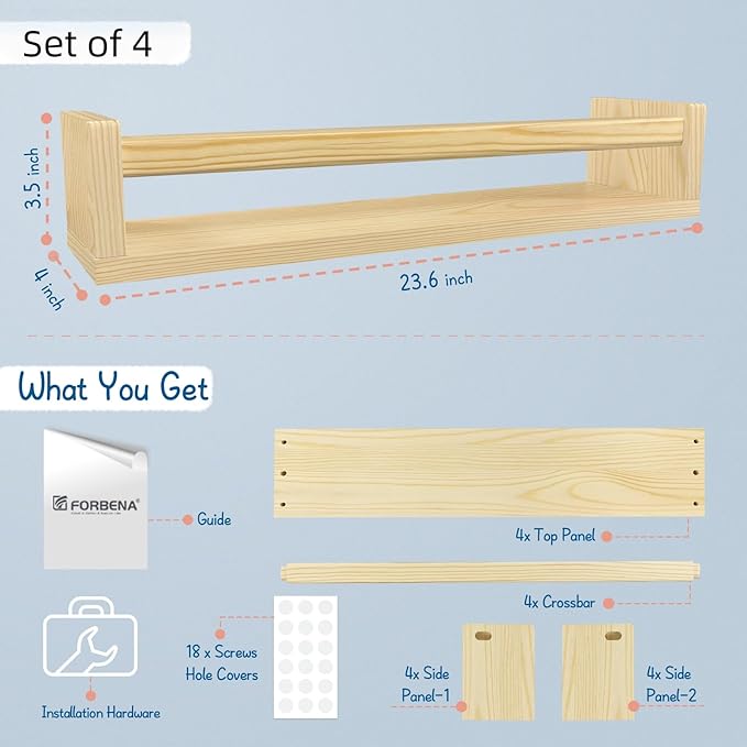 Forbena Natural Wood Nursery Bookshelves for Wall, 24 Inches Long Floating Book Shelves, Wall Mounted Bookcase for Baby Teen Girl Boy Kids Room Bedroom, Playroom Organizer, Bathroom Decor (4-Pack)