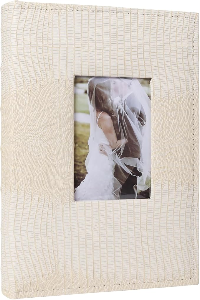 RECUTMS Photo Album for 4x6 Pictures,Leather Cover with Front Window,50 Sheets Small Slip-in Photo Book 300 Photos with Writing Space for Wedding Family Baby Graduation (Beige)