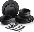 Black Dinnerware Sets with flatware, 32-Piece Matte Marble Pattern Premium by KINGSTONE
