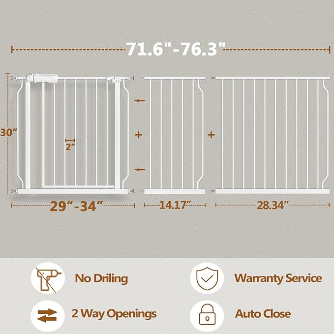 Fairy Baby Extra Wide Baby Gates 71.7-76.3 Inch, Auto Close Child Safety Gates for Stairs Banister Doorways Hallway,Indoor Safety Child Gates for Kids or Pets