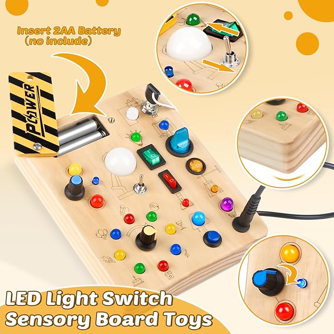 Joyreal Montessori Toddler Busy Board, 19 Led Wooden Sensory Board Educational Toy, Montessori Toys for 1-6 Year Old, Travel Toys Gifts for Toddlers Boys and Girls