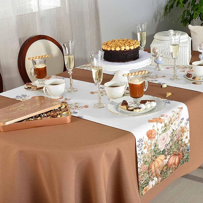 Fall Windflowers Pumpkin Table Runners 60 Inches Long, Cotton Linen Fabric - Image 5
