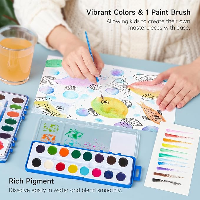 Shuttle Art 16 Colors Watercolor Paint Set Bulk, 15 Pack, Watercolor Paint Set with Paint Brushes for Kids and Adults, Washable Paint for Classroom, Parties, Kindergarten and Art Activities