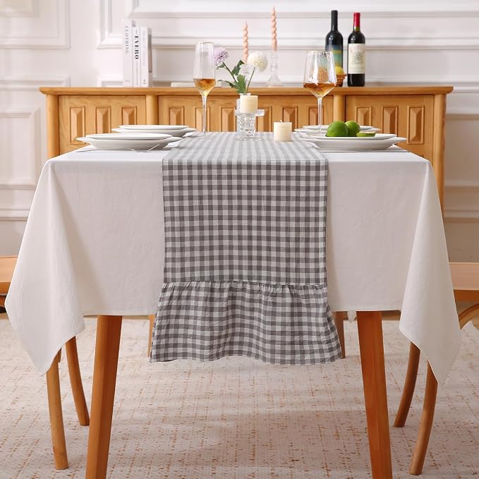 Grey White Plaid Gingham Ruffle Table Runner 72 inches Long 100% Washed Cotton by KMASANIJI