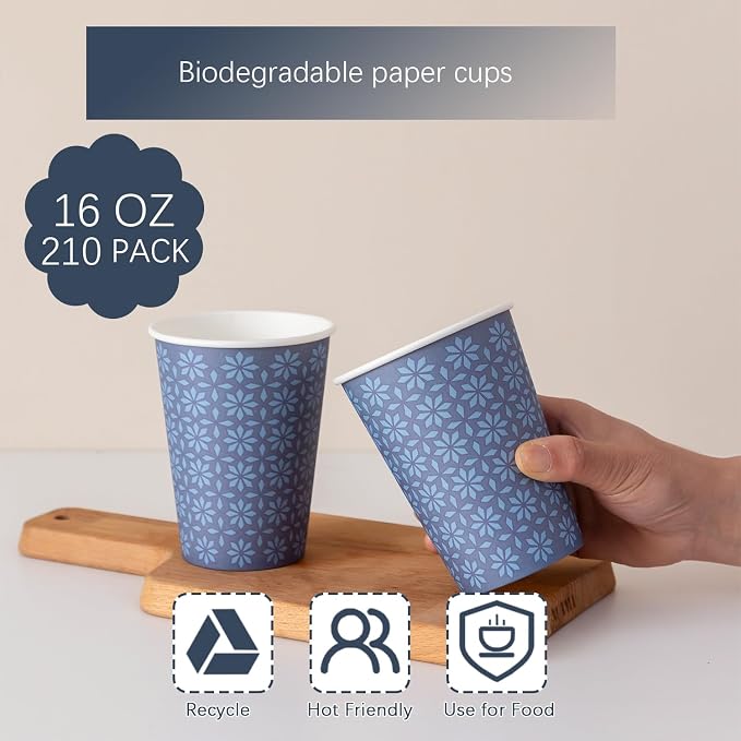 Clawsoff 210 Pack Paper Cups 16 oz Bulk Disposable Coffee Cups Navy Floral | - Image 3
