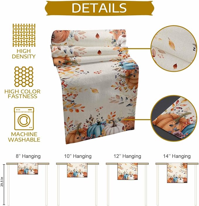 Orange Blue Pumpkin Fall Table Runner 60 Inches Long, Thanksgiving Eucalyptus - Image 8