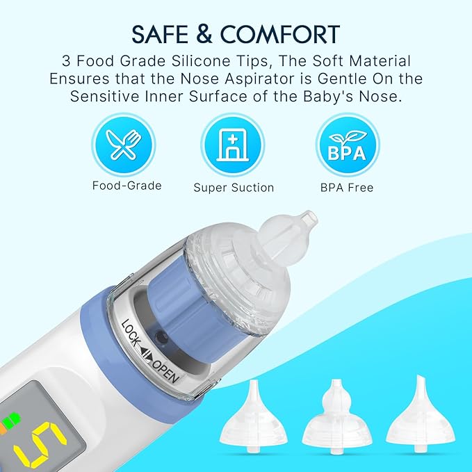 Electric Nasal Aspirator for Baby, Nose Aspirator for Toddlers, Rechargeable Baby Nose Sucker, Nose Cleaner with 3 Silicone Tips, 5 Suction Levels, Music and Light Soothing Function，Blue