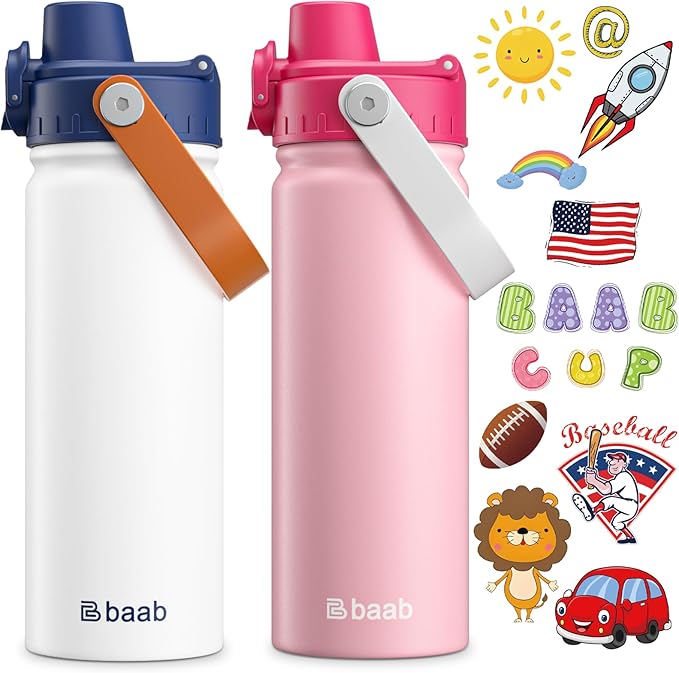 baab 18oz Kids Insulated Water Bottle 18/8 Stainless Steel Kids Cup 2 Pack | by baabKidWatterBottle