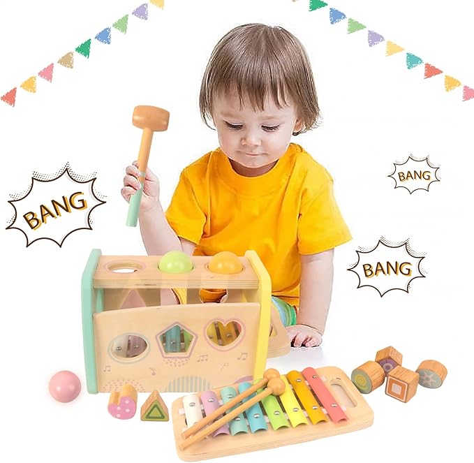 Hammering Pounding Toys Wooden Educational Toy Xylophone Shape Sorter, Birthday Gift for 1 2 3 Years Boys Girls Baby Toddler Kids Developmental Montessori Learning Toy (Yellow)