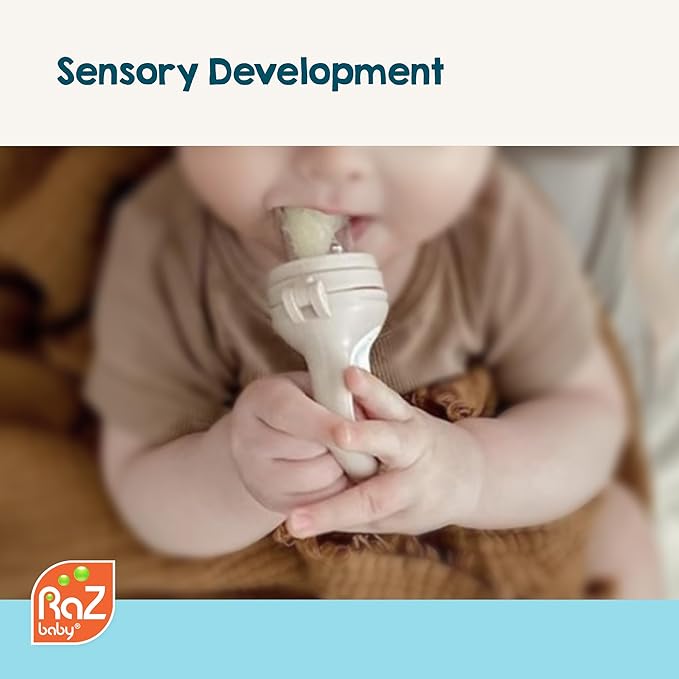 RaZbaby Baby Solids/Frozen Fruit Feeder Pacifier, Infant Teether Toy 6M+, BPA-Free Silicone Pouch & Nipple, Safely Introduce Solids, Natural Teething Relief, Dishwasher Safe, Freezable – Grey/White