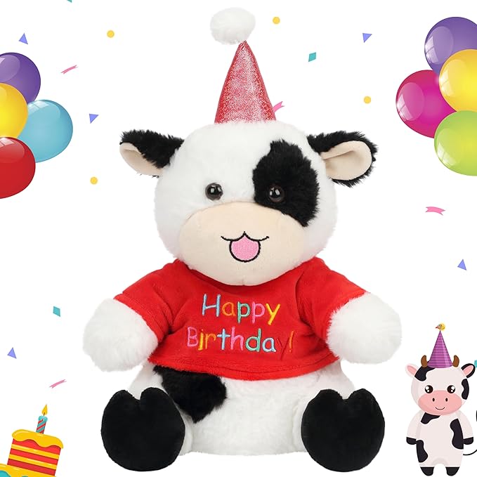 Cuteoy Happy Birthday Cow Musical Stuffed Animal Shaking Singing Dancing Plush Toy Electric Interactive Animated Plushies Gifts for Kids Girls Boys