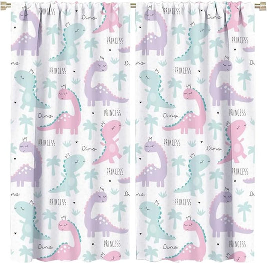 Kids Dinosaur Curtains for Boys Girls Bedroom Decor Cartoon Dino Colorful Cute Funny Animal Wildlife Printed Blackout Rod Pocket Window Drapes for Baby Nursery Playroom W42xL84in 2 Panels