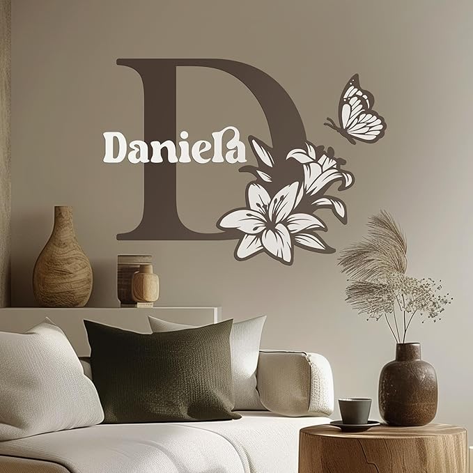 CRYPTONITE Custom Name & Initial with Lily and Butterfly I Flower Wall Decals for Bedroom Decor | Custom Decal for Girl Bedroom Decor I Pink Room Decor for Little Girl Room Decor (B. Flower)