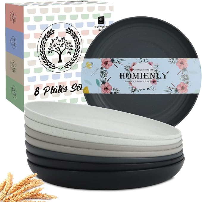 Wheat Straw Plates Unbreakable Deep Dinner Plates Set of 8 Lightweight Reusable by HOMIENLY