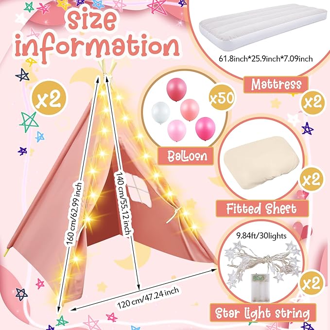 2 Pack Kids Teepee Tent with Mattress,Fitted Sheet,Light String,Washable Natural Cotton Toddler Play Tent for Girls Boys Indoor Outdoor Sleepover Slumber Birthday Party(Pink)