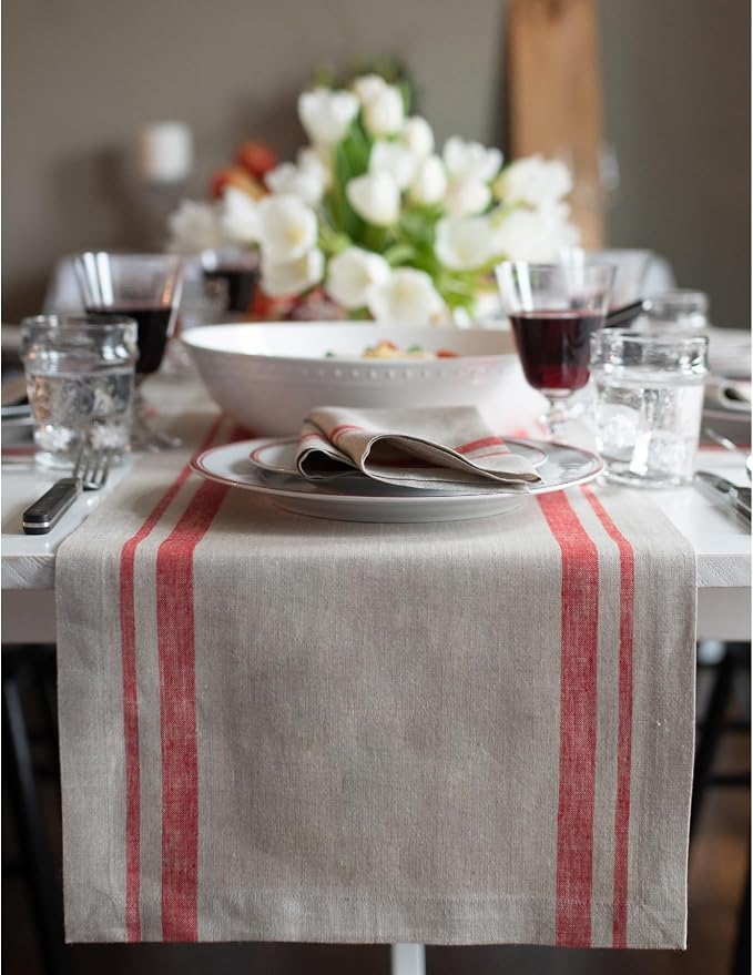Solino Home 100% Pure Linen Table Runner, 14 x 156 in, French Stripe | Table by SolinoHome