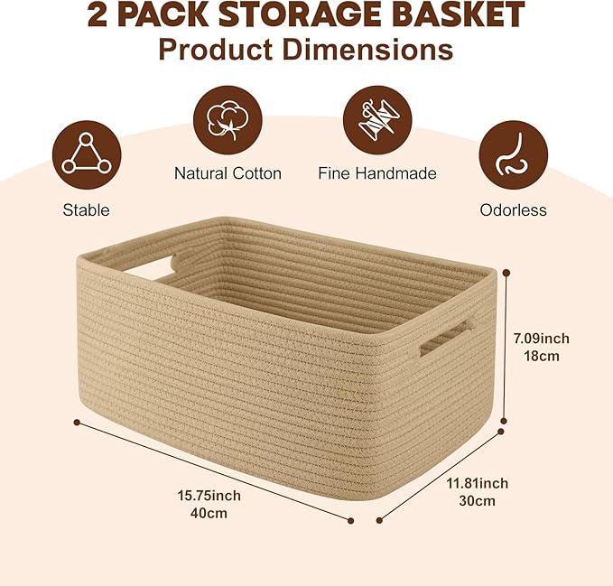 OIAHOMY Storage Basket for Shelves, Closet Cube Storage Bins Baskets for Clothes Blanket Towels, Baby Nursery, Toy Baskets Box, Woven Rope Basket, 17.72*12.99*7.87 IN, 2 Packs Jute Yellow