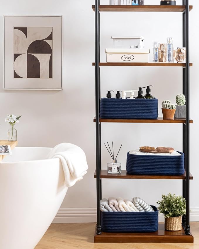 Small Woven Basket, 13.5 x 9.5 x 5 Inches, Storage Basket for Organizing, Cute Small Rope Shelf Closet Cube Storage Bins Baskets for Shelves, Dog Toy Gift Baskets Empty, 3 Packs, Navy Blue