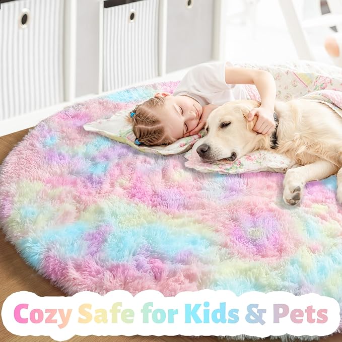 Amdrebio Rainbow Fluffy Round Rug 5Ft Kids Rugs - Image 2