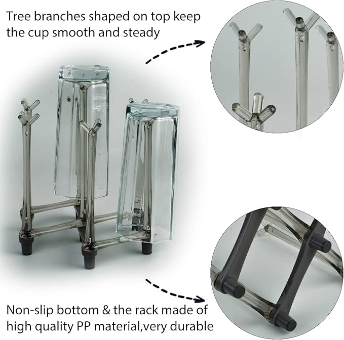 2 Pcs Cup Drying Racks Set, Retractable Drinking Glass & Baby Bottle Drainer Stand, PP Material Mug Draining Organizer, Kitchen Countertop Dishes Holder, Gray