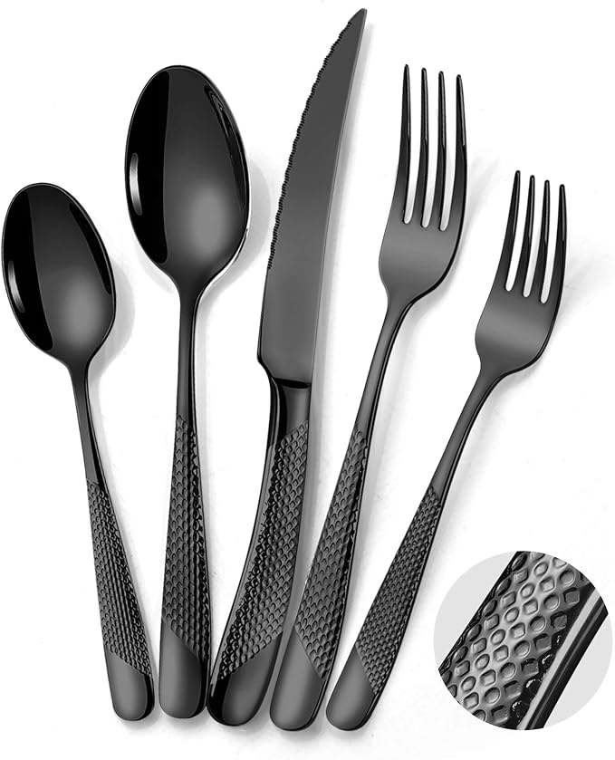 Hammered 30-Pieces Set Black Silverware Set by Lemeya