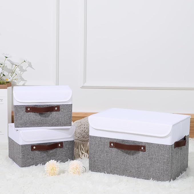 ANMINY Storage Boxes with Lids Washable Decorative Storage Bins Basket with PU Leather Handle Foldable Linen Fabric Storage Cubes Containers for Home Closet Organizer - Gray White, Large Size