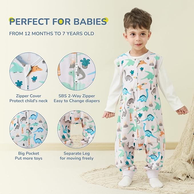 Baby Toddler Sleep Sack with Feet 2.5 TOG Winter, Wearable Blanket with Legs, Toddler Sleeping Sack Long Sleeve (Dinosaur, 3T-5T)