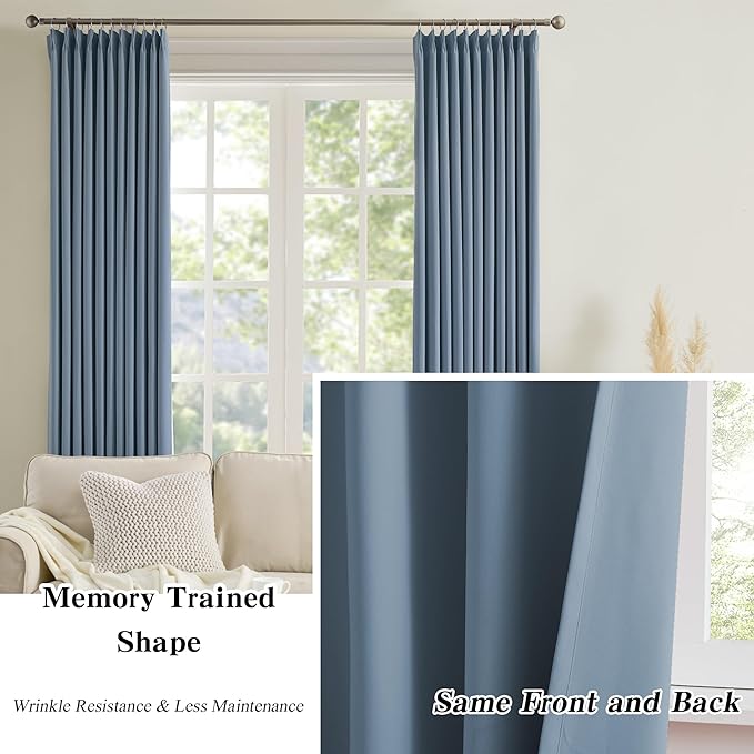 KEQIAOSUOCAI Extra Wide Dusty Blue Pinch Pleated Curtains 100 x 95, Thermal Insulated Noise Cancelling Living Room Drapes 95 inches Long, Patio Sliding Glass Door Window Curtain 2 Panels