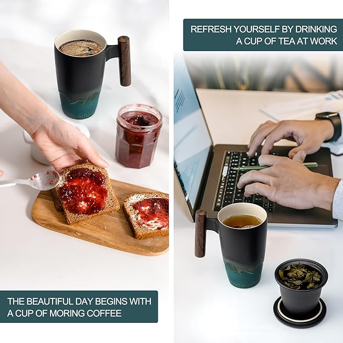 suyika Ceramic Tea Cup with Infuser and Lid Tea Mugs Wooden Handle 400ml/13.5oz - Image 5