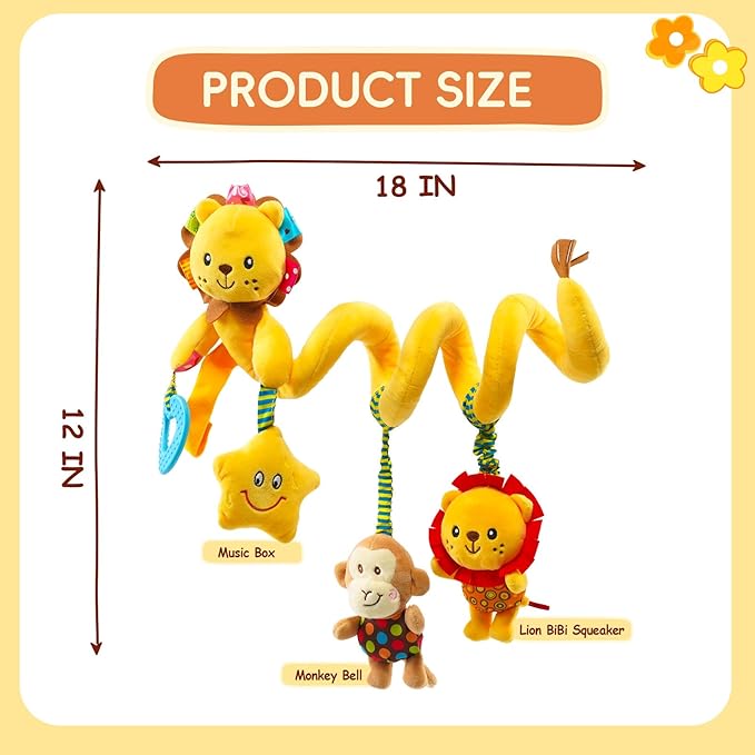 Jollybaby Crib Stroller Car Seat Toys for Baby 0-3-6-9-12 Months, Tummy Time Hanging Sensory Toys for Newborn with Music Box and Teether, Spiral Carseat Toy for Infant Boys Girls Gifts (Little Lion)