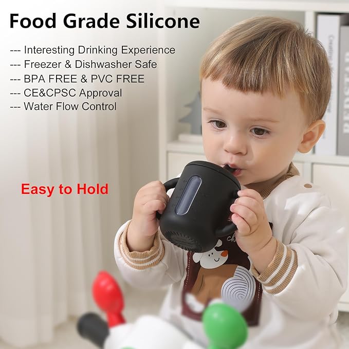 Seposeve 2 Pack Silicone Sippy Cups, Leak-Proof Baby Straw Cup for 6-12 Months, Spill Proof Toddler Cup with Straw 1-3 Years, with Capacity Marking, Non-slip Handle, Flow Control, 6 oz, 2 Black
