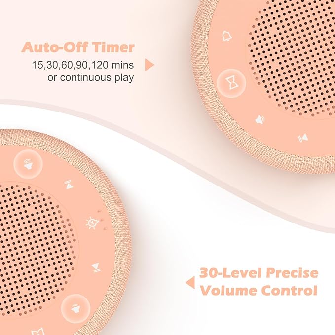 Buffbee Sound Machine & Alarm Clock 2-in-1, 0-100% Clock Face Brightness, Bottom Colored Light, Sleep Timer, Precise 30-Level Volume White Noise Machine, Digital Alarm Clocks for Bedrooms - Peach
