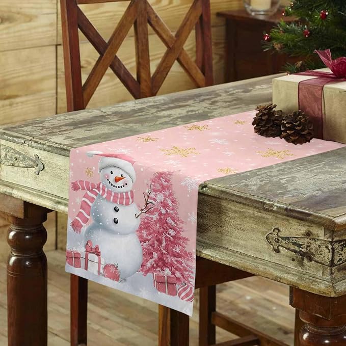 Pink Christmas Snowman Table Runners 60 Inches Long, Cotton Linen Fabric - Image 3
