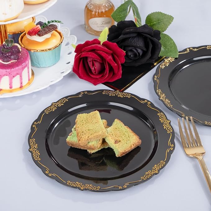 DaYammi 60PCS Black and Gold Plastic Plates, Heavy Duty Black and Gold - Image 7