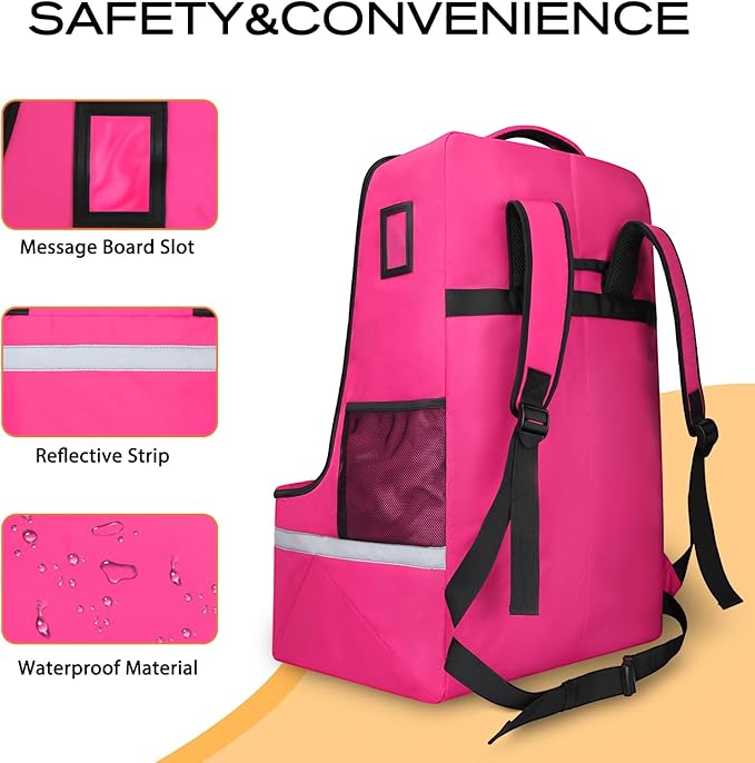 Car Seat Travel Bag for Airplane,Infant Seat Travel Bag with Shoulder Strap,Padded Car Seats Backpack with Reflective Stripes,Large Carseat Carrier Bag Travel Car Seat Cover,Pink