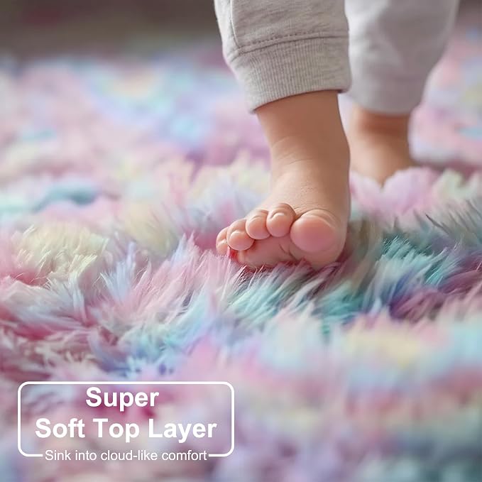 Amdrebio Rainbow Fluffy Round Rug 6Ft Kids Rugs - Image 4