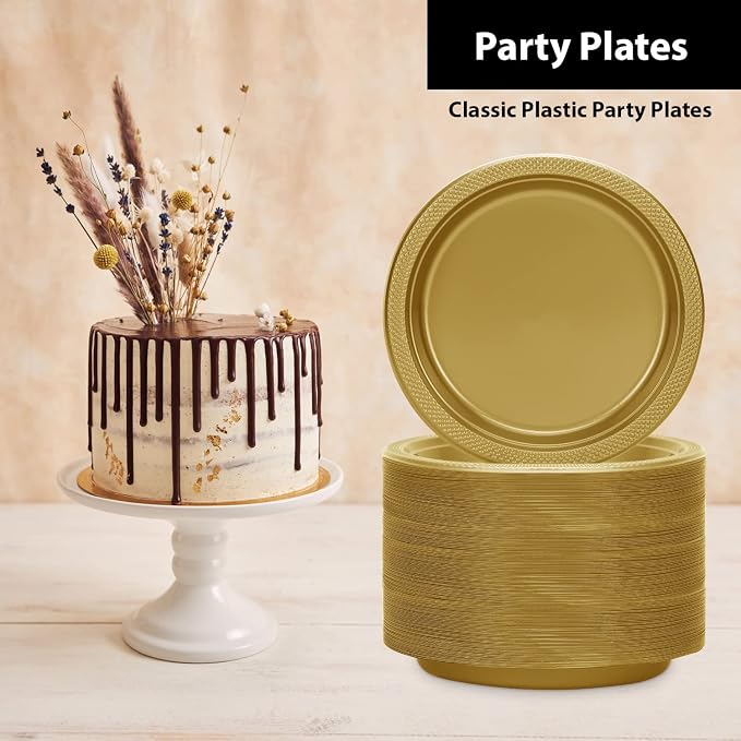 Gold Solid Color Premium Heavy Weight Plastic Dinner Plate 50 Count - Image 3