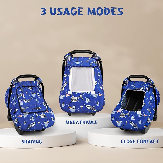 Pea Pod Car Seat Cover Baby, Infant Car Seat Canopy Covers for Newborn with 2 Layers Windows of Breathable Mesh Fabric, Lightweight Polyester/Soft Minky Dot Backing (Ocean)