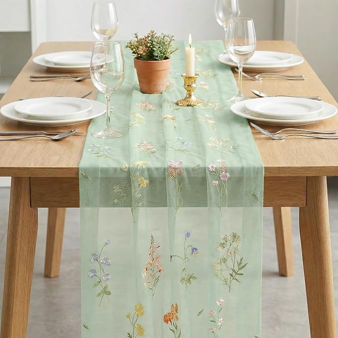Artoid Mode Wildflower Floral Sage Green Gauze Embroidery Table Runner 120 Inch - Image 3